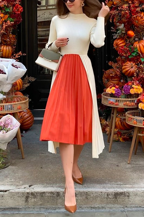 Chicest Pleated Patchwork Ribbed Knit Sweater Dress