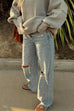 Priyavil Raw Hem Straight Leg Ripped Denim Pants