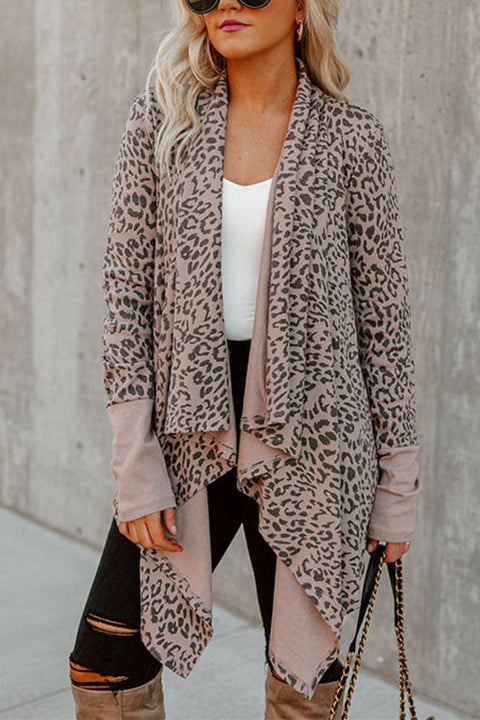 Priyavil Drape Open Front Irregular Leopard Cardigan