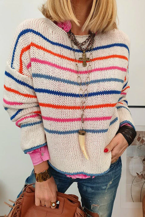 Drop Shoulder Color Block Stripes Knitting Sweater