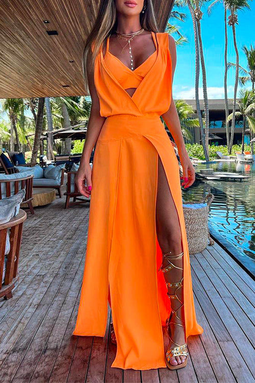 Priyavil V Neck High Slit Maxi Cover Up Dress with Crop Cami Top Beach Set