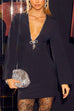 Priyavil Deep V Neck Rhinestone Bow Mini Party Dress