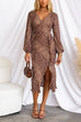 V Neck Ruffle Trim High Slit Leopard Midi Dress