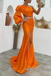 Priyavil One Shoulder Puff Sleeve Cut Out High Slit Maxi Party Dress