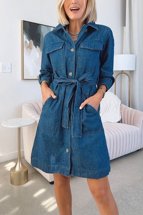 Button Up Tie Waist Pocketed A-line Denim Shirt Dress