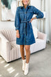 Button Up Tie Waist Pocketed A-line Denim Shirt Dress