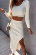 Priyavil Scoop Neck Crop Top Elastic Waist Slit Midi Skirt Ribbed Knit Set