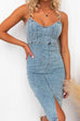 Back Zip Up High Waist Slit Denim Bodycon Cami Dress