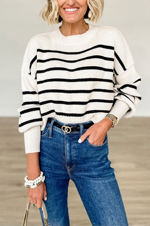 Striped Crewneck Drop Shoulder Cropped Knitting Sweater