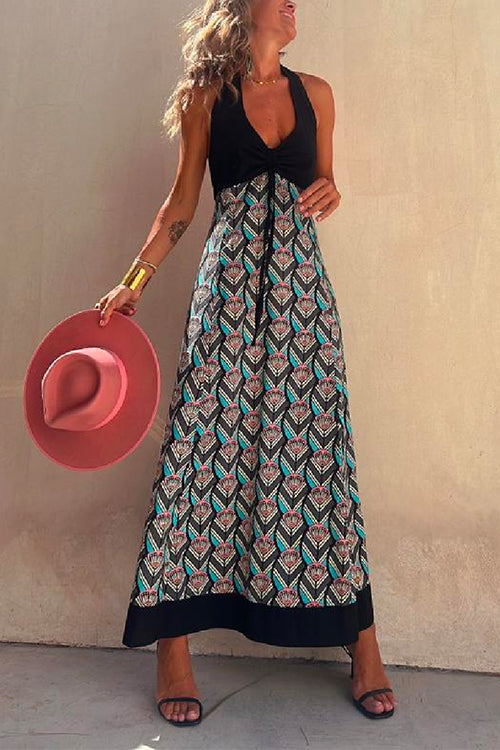 Halter V Neck Backless Printed Splice Maxi Swing Dress