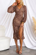 V Neck Ruffle Trim High Slit Leopard Midi Dress