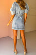 Puff Sleeves Pocketed Button Down Belted Denim Mini Dress
