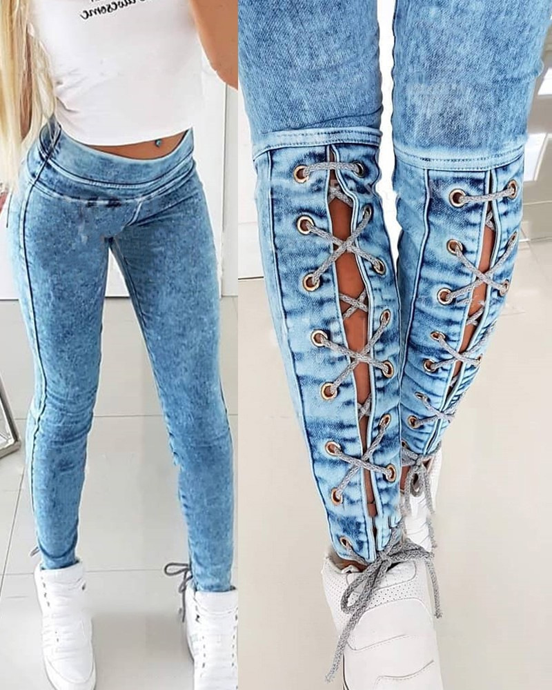 Priyavil Lace Up Cut Out Skinny Denim Pants