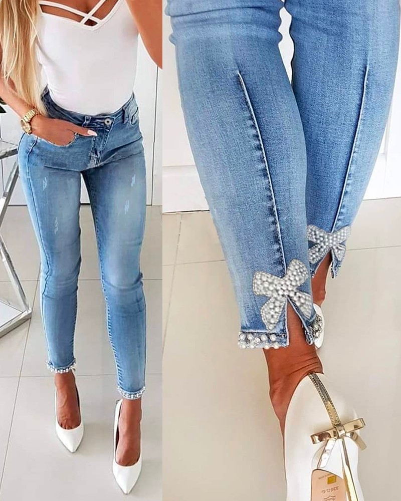 Priyavil Bow Knot Pearl Beaded Pencil Denim Pants