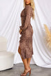V Neck Ruffle Trim High Slit Leopard Midi Dress