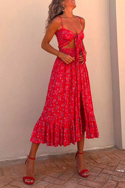 Priyavil Tie Front Cut Out Slit Printed Ruffle Cami Dress