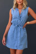 Buttoned V Neck Drawstring Waist Sleeveless Denim Mini Dress