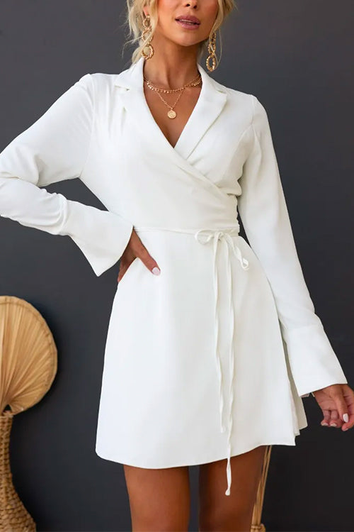 Collared Long Sleeves Tie Waist Office Wrap Dress