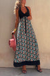 Halter V Neck Backless Printed Splice Maxi Swing Dress