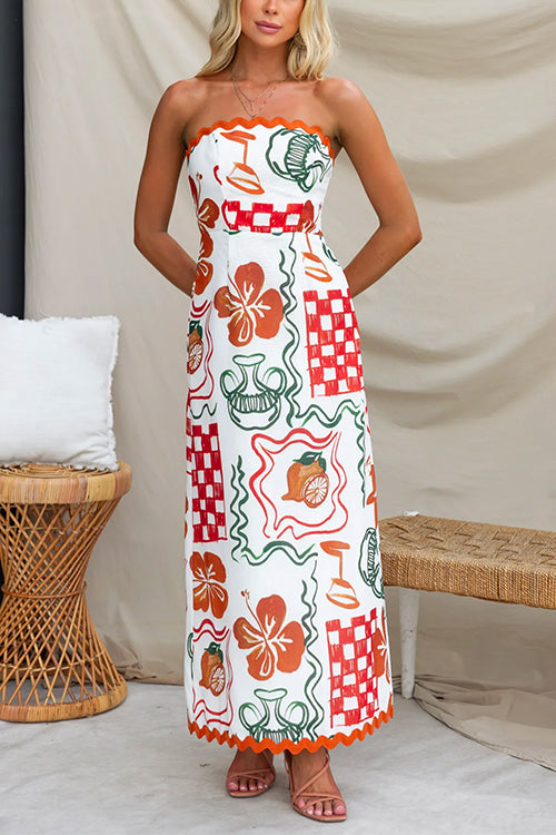 Strapless Ric Rac Trim Printed Maxi Party Dress