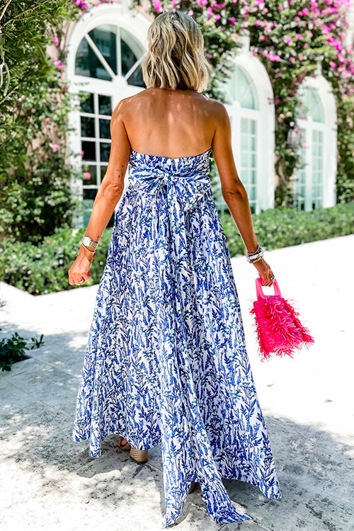 Strapless Back Bow Printed Swing Maxi Dress