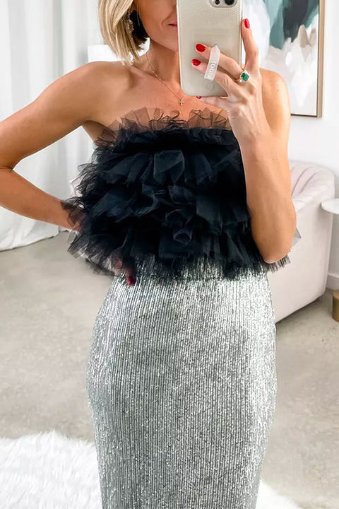 Priyavil Sweet Ruffle Mesh Crop Tube Top