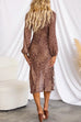 V Neck Ruffle Trim High Slit Leopard Midi Dress