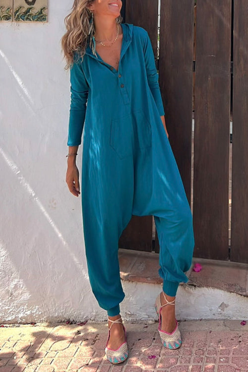 Long Sleevess Buttoned Hippie Harem Hoodied Jumpsuit